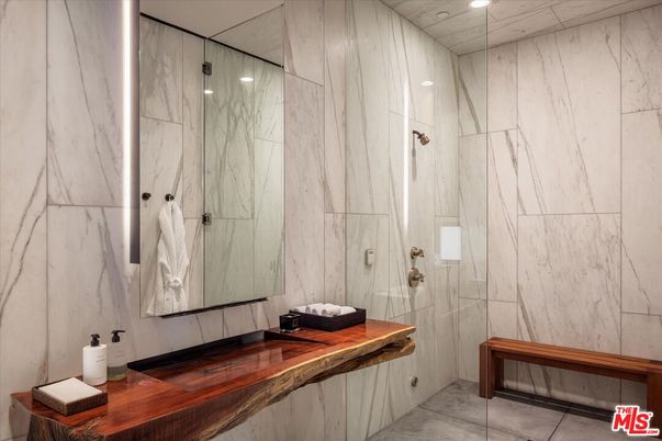 Bathroom, Glass Shower, Interior, Marble Walls, Recessed Lighting