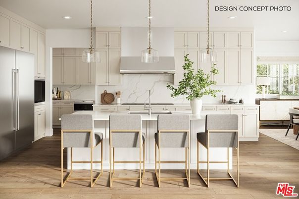 Interior, Kitchen, Marble Walls, Pendant Lights, Recessed Lighting, Stainless Steel Appliances, Wood Texture Flooring