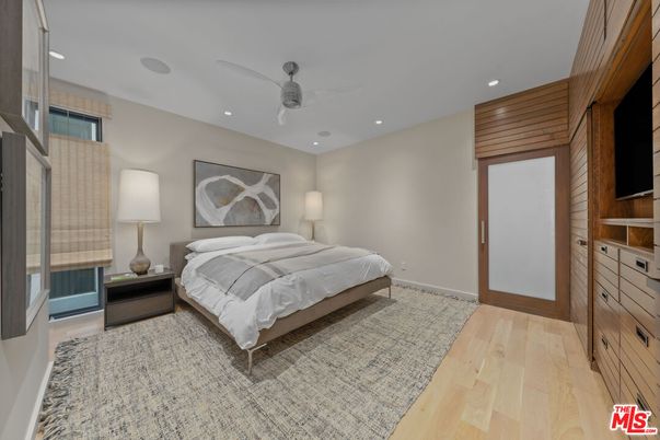 Bedroom, Interior, Recessed Lighting, Wood Texture Flooring, Wooden Walls