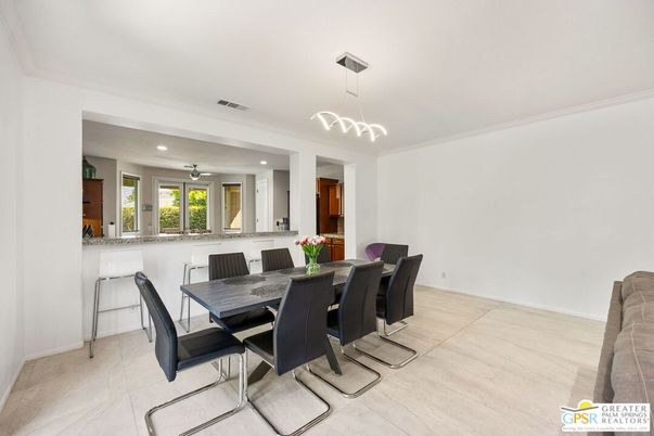 Dining room, Interior, Pendant Lights, Recessed Lighting, Wood Texture Flooring
