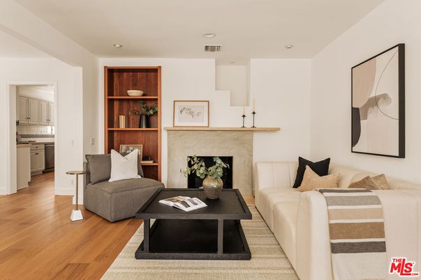 Fireplace, Interior, Living room, Recessed Lighting, Wood Texture Flooring