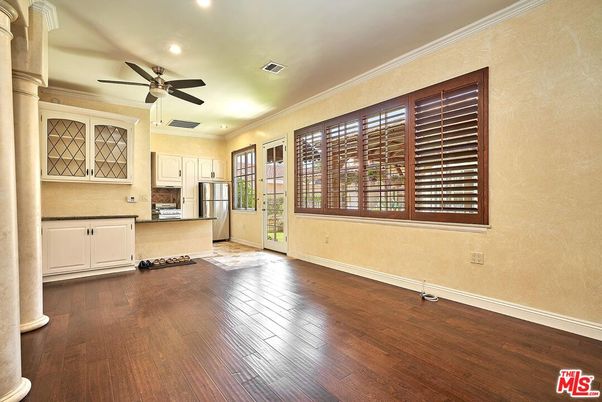 Empty room, Interior, Kitchen, Recessed Lighting, Wood Texture Flooring