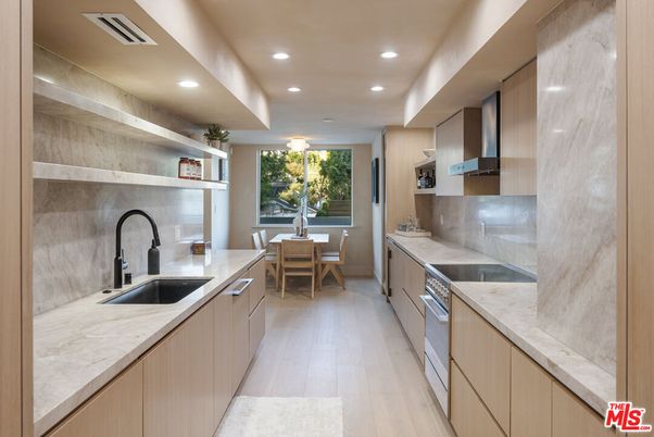 Dining room, Interior, Kitchen, Recessed Lighting, Stainless Steel Appliances, Wooden Beams, Wood Texture Flooring