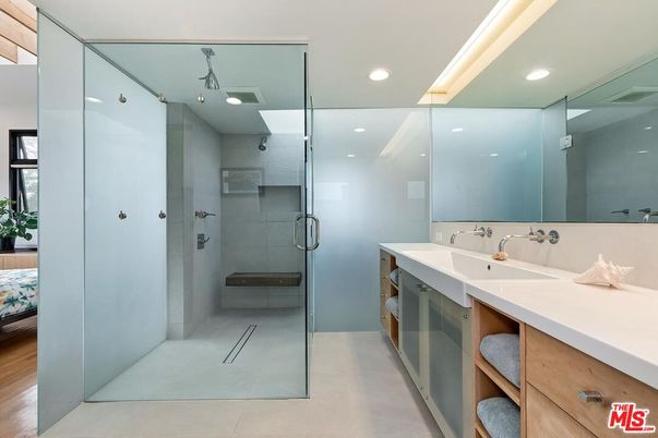 Bathroom, Glass Shower, Interior, Recessed Lighting, Wood Texture Flooring