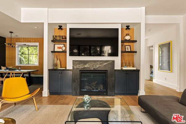 Fireplace, Interior, Pendant Lights, Recessed Lighting, Wood Texture Flooring