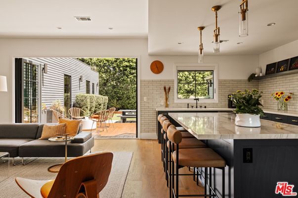 Interior, Kitchen, Pendant Lights, Recessed Lighting, Stone Walls, Wood Texture Flooring