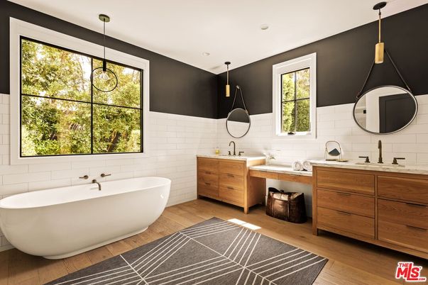 Bathroom, Dual Sink Vanities, Free Standing Baths, Interior, Pendant Lights, Recessed Lighting, Wood Texture Flooring