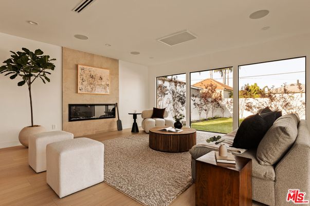 Fireplace, Interior, Living room, Recessed Lighting, Wood Texture Flooring