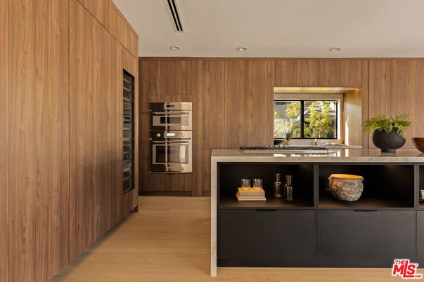 Interior, Kitchen, Recessed Lighting, Wood Texture Flooring, Wooden Walls