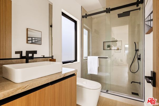 Bathroom, Glass Shower, Interior, Wood Texture Flooring