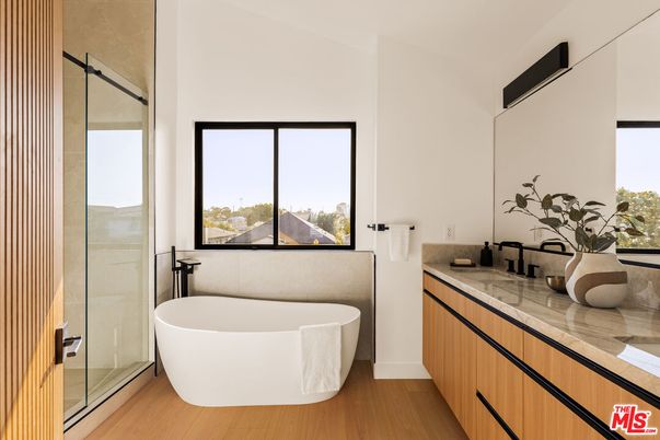 Bathroom, Free Standing Baths, Glass Shower, Interior, Wood Texture Flooring