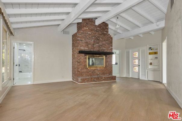 Empty room, Fireplace, Interior, Stone Walls, Wood Texture Flooring