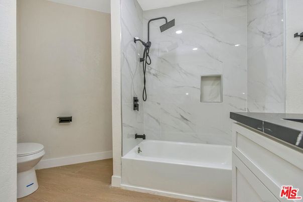 Bathroom, Interior, Marble Walls, Recessed Lighting, Wood Texture Flooring