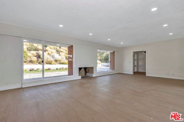 Empty room, Fireplace, Interior, Recessed Lighting, Wood Texture Flooring