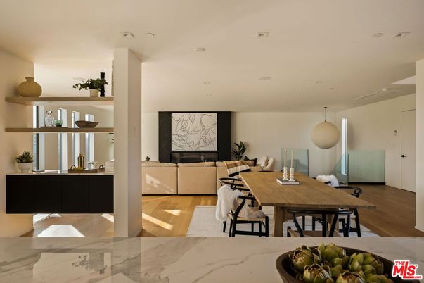Dining room, Interior, Living room, Pendant Lights, Recessed Lighting, Wood Texture Flooring