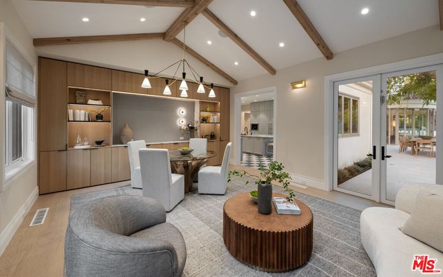 Dining room, Interior, Pendant Lights, Recessed Lighting, Wooden Beams, Wood Texture Flooring