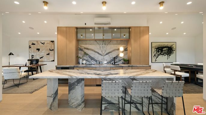 Interior, Kitchen, Marble Walls, Recessed Lighting, Wood Texture Flooring