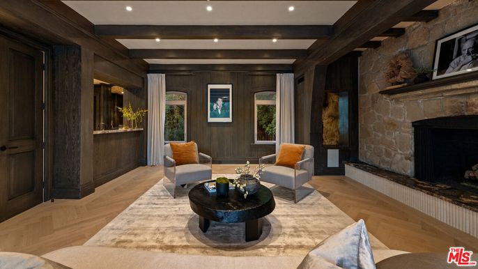 Fireplace, Interior, Living room, Recessed Lighting, Stone Walls, Wood Texture Flooring