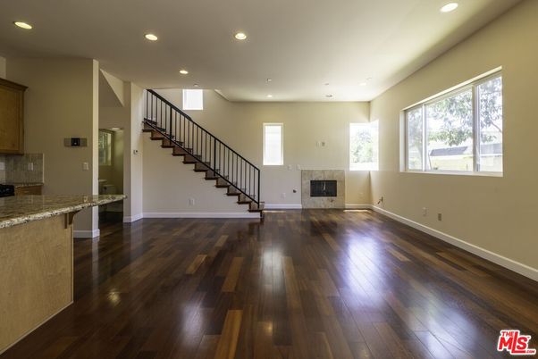 Empty room, Fireplace, Interior, Recessed Lighting, Wood Texture Flooring
