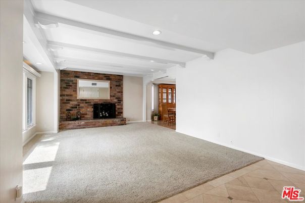 Empty room, Fireplace, Interior, Recessed Lighting, Stone Walls