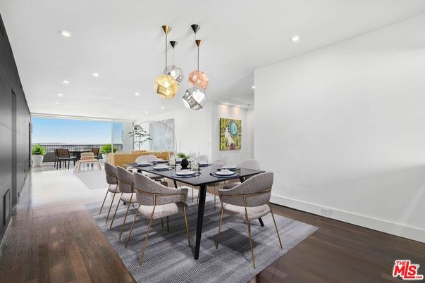 Dining room, Interior, Pendant Lights, Recessed Lighting, Wood Texture Flooring