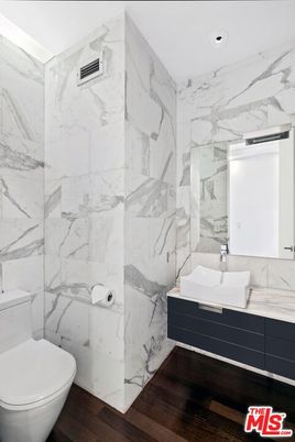 Bathroom, Interior, Marble Walls, Recessed Lighting, Wood Texture Flooring