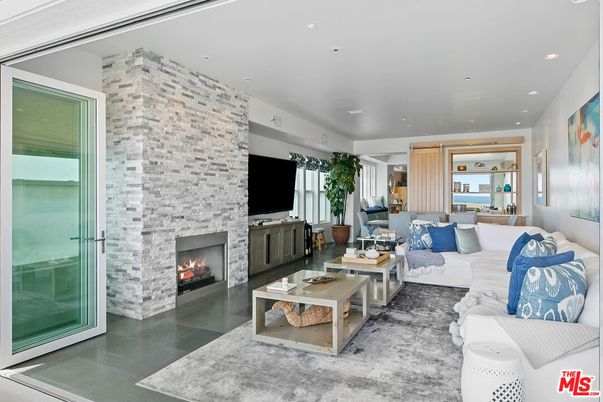 Fireplace, Interior, Living room, Recessed Lighting, Stone Walls