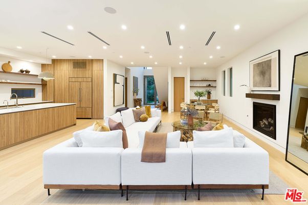 Dining room, Fireplace, Interior, Kitchen, Living room, Pendant Lights, Recessed Lighting, Wood Texture Flooring