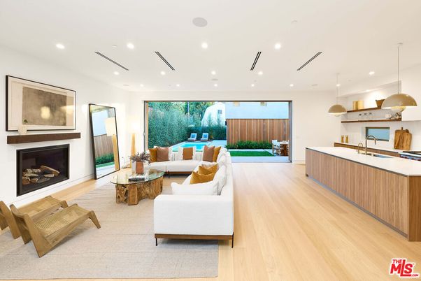 Fireplace, Interior, Kitchen, Living room, Pendant Lights, Recessed Lighting, Wood Texture Flooring