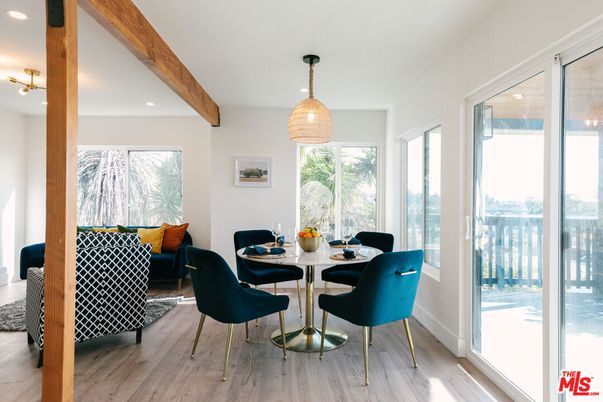 Dining room, Interior, Pendant Lights, Recessed Lighting, Wooden Beams, Wood Texture Flooring