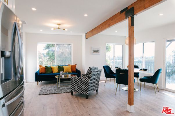 Dining room, Interior, Living room, Recessed Lighting, Wooden Beams, Wood Texture Flooring