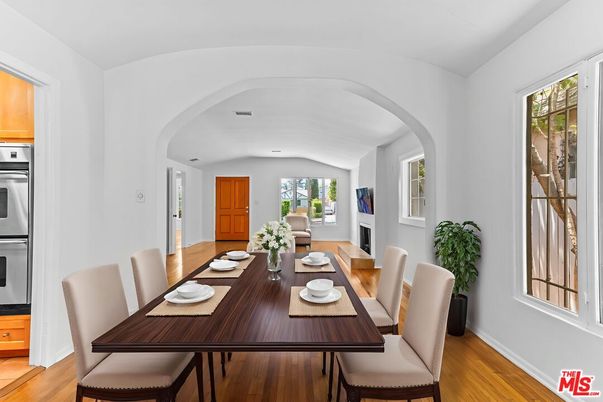 Dining room, Fireplace, Interior, Wood Texture Flooring