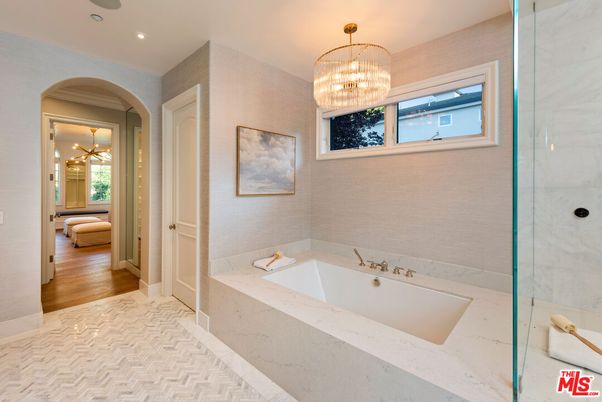 Bathroom, Chandelier, Interior, Marble Walls, Recessed Lighting, Wood Texture Flooring