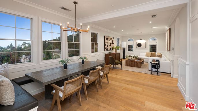 Dining room, Fireplace, Interior, Living room, Pendant Lights, Recessed Lighting, Wood Texture Flooring