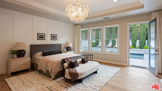 Bedroom, Chandelier, Interior, Recessed Lighting, Wood Texture Flooring