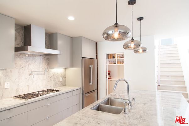 Interior, Kitchen, Marble, Pendant Lights, Recessed Lighting, Stainless Steel Appliances