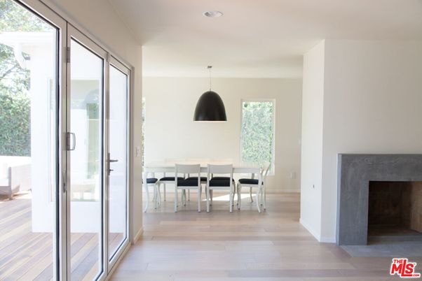 Dining room, Fireplace, Interior, Pendant Lights, Recessed Lighting, Wood Texture Flooring
