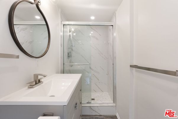 Bathroom, Glass Shower, Interior, Marble Walls, Recessed Lighting