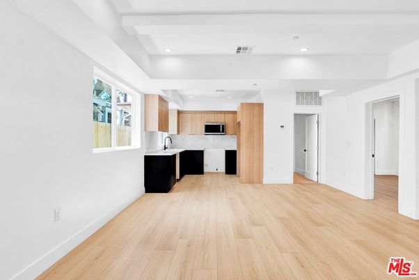 Interior, Kitchen, Marble Walls, Recessed Lighting, Wood Texture Flooring