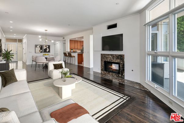 Dining room, Fireplace, Interior, Kitchen, Living room, Pendant Lights, Recessed Lighting, Wood Texture Flooring