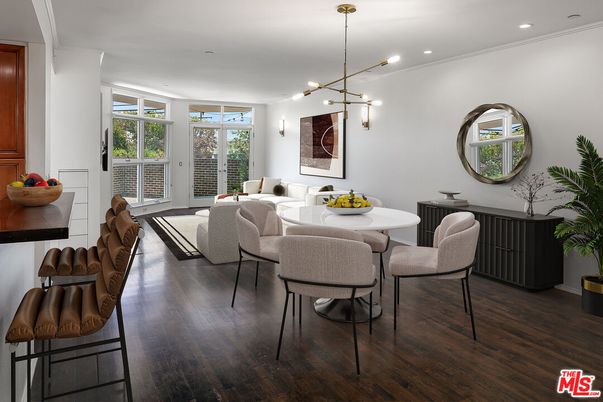 Dining room, Interior, Living room, Pendant Lights, Recessed Lighting, Wood Texture Flooring