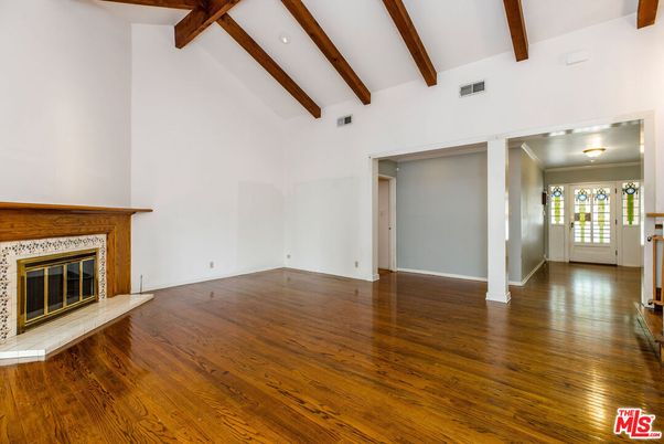 Empty room, Fireplace, Interior, Wooden Beams, Wood Texture Flooring