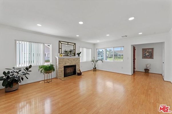 Empty room, Fireplace, Interior, Recessed Lighting, Wood Texture Flooring