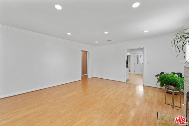 Empty room, Fireplace, Interior, Recessed Lighting, Wood Texture Flooring