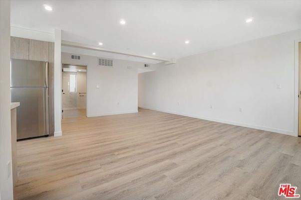 Empty room, Interior, Kitchen, Recessed Lighting, Wood Texture Flooring