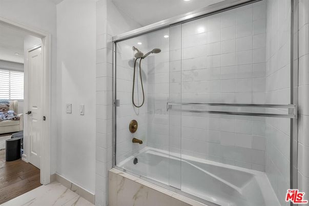 Bathroom, Glass Shower, Interior, Marble, Recessed Lighting, Wood Texture Flooring