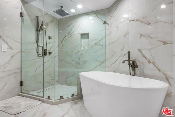 Bathroom, Free Standing Baths, Glass Shower, Interior, Marble, Marble Walls, Recessed Lighting