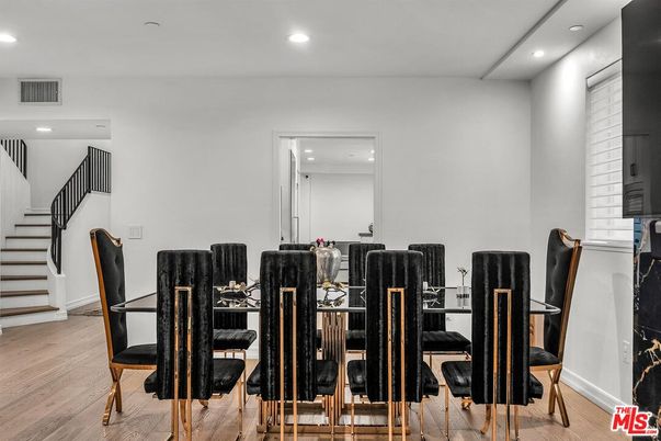 Dining room, Interior, Recessed Lighting, Wood Texture Flooring