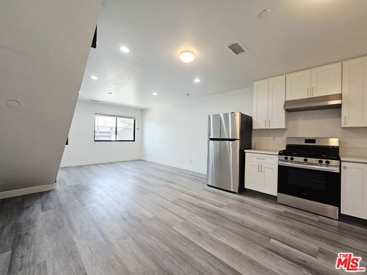 Interior, Kitchen, Recessed Lighting, Stainless Steel Appliances, Wood Texture Flooring