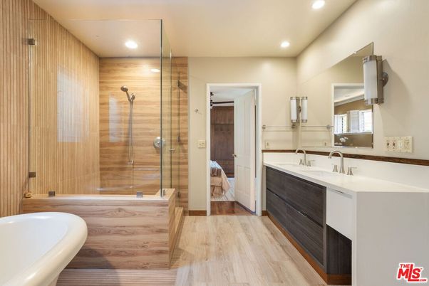 Bathroom, Dual Sink Vanities, Glass Shower, Interior, Recessed Lighting, Wood Texture Flooring